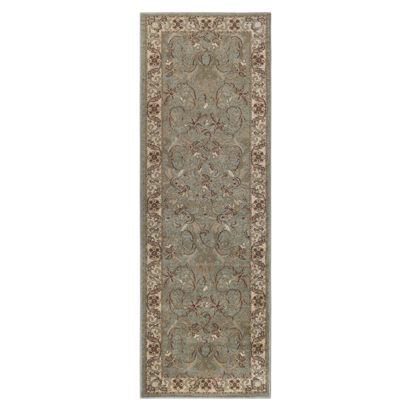 Tapis d'intérieur vert à motif floral et à volute de style oriental traditionnel, Tapis de couloir 2 pi 7 po x 8 pi