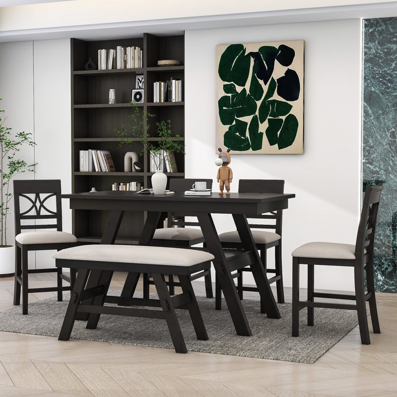 Damu 6 - Piece Dining Set, Dining Table with Storage Shelf and Bench and 4 Chairs, Espresso, Espresso