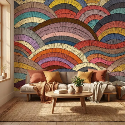 Vibrant Layered Rainbow Wave Arc Pattern Wallpaper With Hand-Drawn Texture Detail
