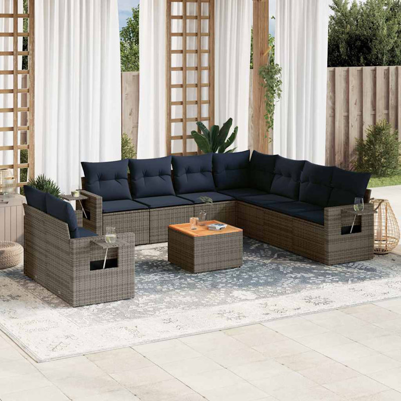 Ensemble de canapé de patio 10 pièces avec coussins en rotin de polyester, Bleu foncé, Gris