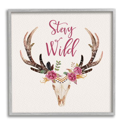 «Stay Wild Boho Chic Floral Deer Skull», impression sur cadre en bois aggloméré