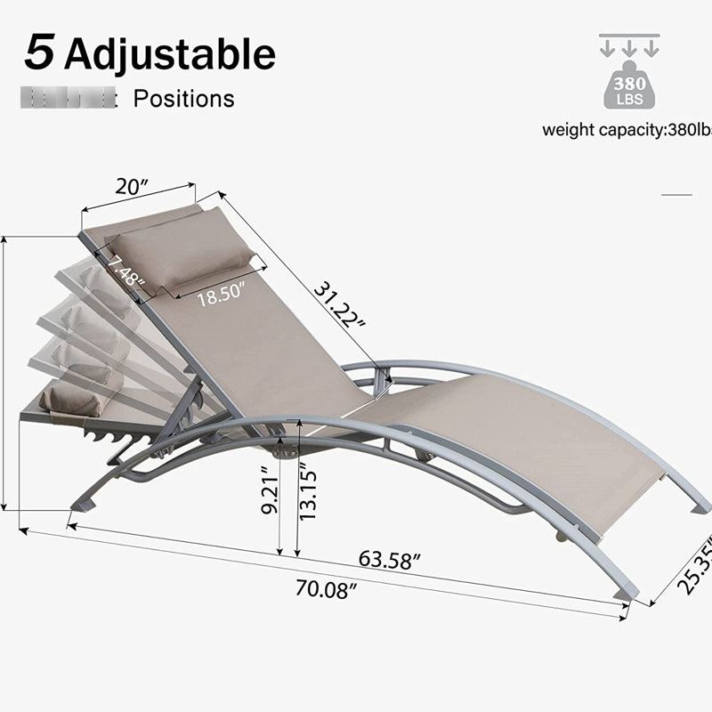 Chaises longues de jardin kaki, structure en aluminium, réglables, coussin amovible, 2 chaises longues de patio en tissu, 5 positions, cadre antirouille, séchage rapide pour terrasse.