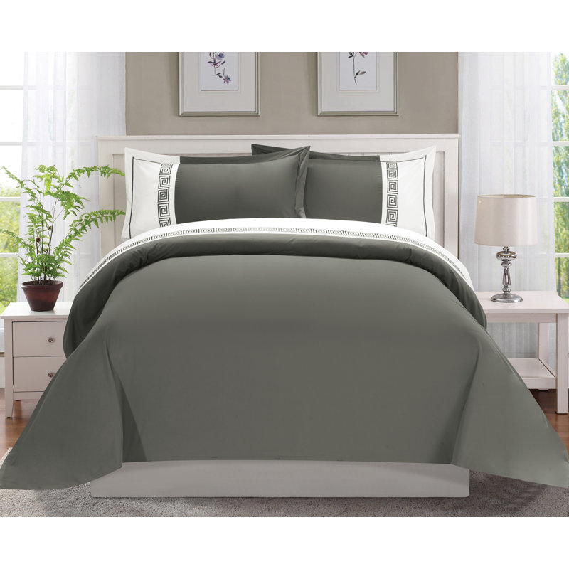  Ensemble de housse de couette réversible Greek, Gris, Housse de couette pour très grand lit et 2 très 