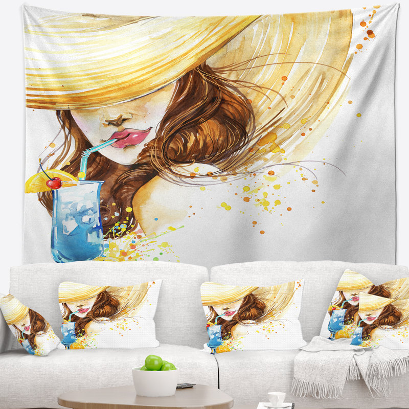 Femme abstraite avec tapisserie de cocktail de fruits, H 50 po x l 60 po