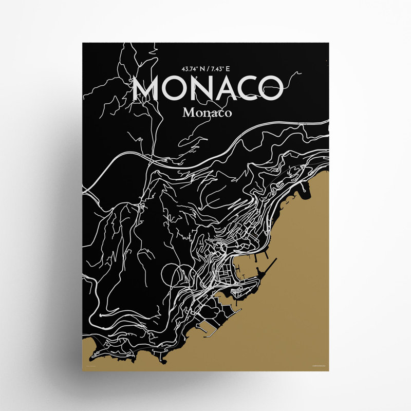 Monaco City Map In Luxe - No Frame Print, 24cm H x 18cm W x 0.05cm D