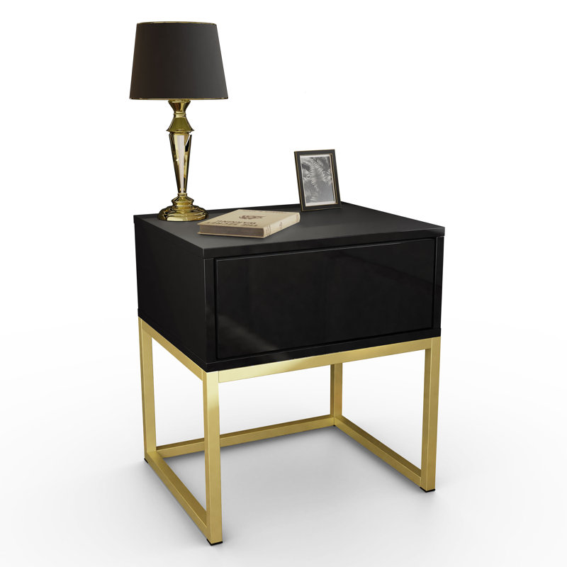 Varonique 1 Drawer Bedside Table, Gold Matt, Black