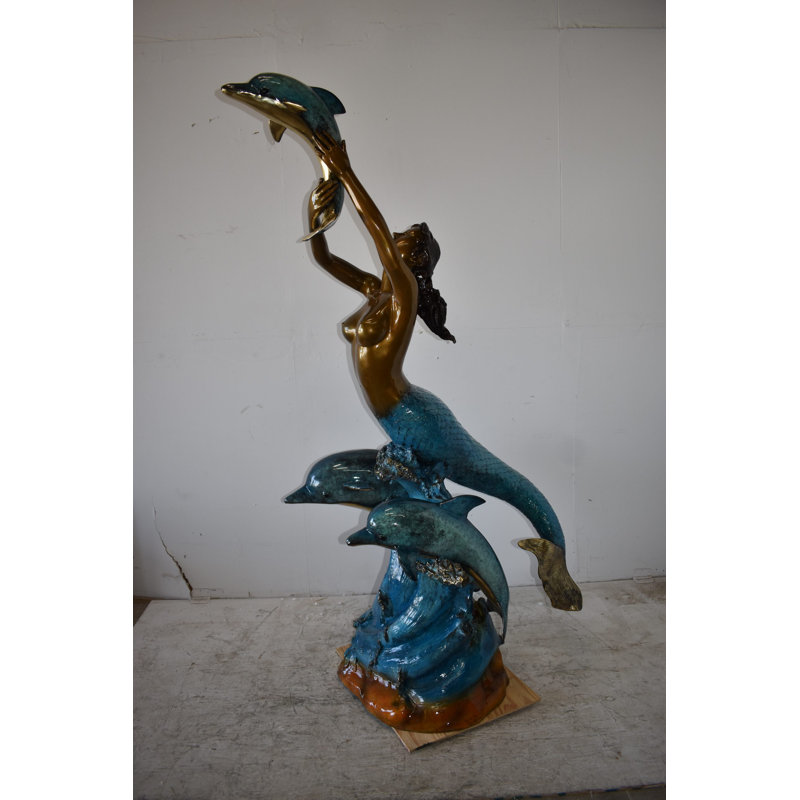 Mermaid W Three Dolphins Fountain Enameled Bronze Statue Size: 34" X 41" X 83"H