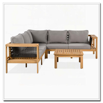 4-Piece L-Shaped Acacia Wood Patio Sofa Set with Openwork Armrests