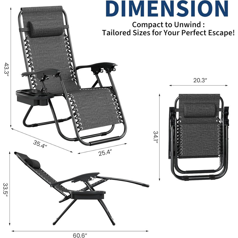 Set of 2 Adjustable Reclining Lounge Chairs. Outdoor Patio Lounge Recliners with Pillow & Cup Holder Tray. Folding Portable Camping Chairs for Deck. Beach. Yard. or Garden