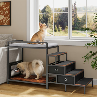 Lit superposé pour animal de compagnie avec mangeoire surélevée réglable à 360 °, perchoir pour fenêtre chien / chat avec escalier et rangement, lit plateforme surélevé pour chiens