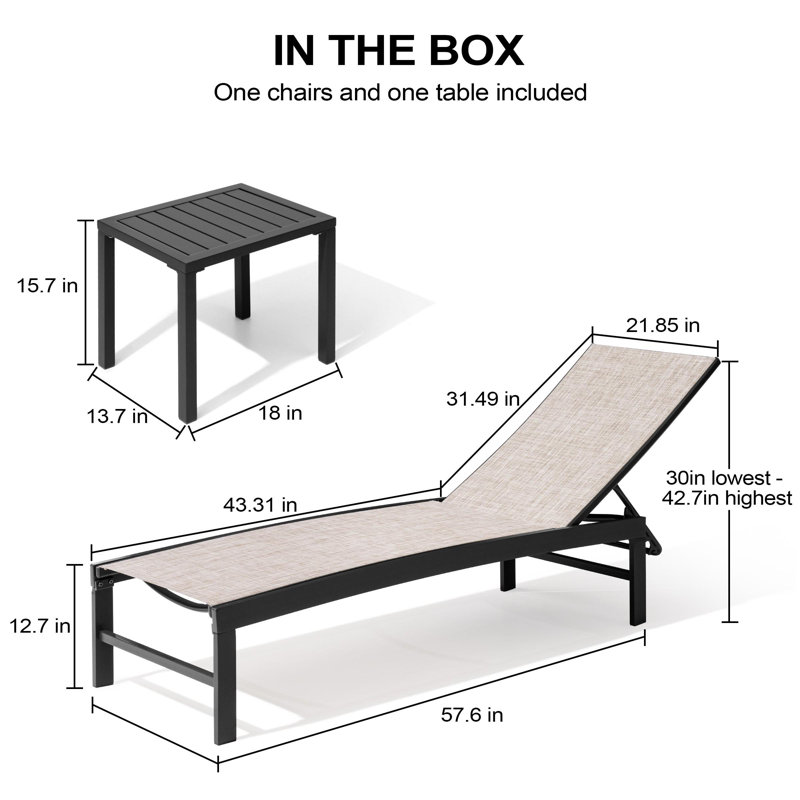 Chaise longue inclinable en métal pour patio avec table d'appoint en aluminium, Beige