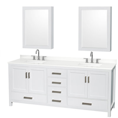 Meuble-lavabo double autoportant 80 po avec dessus en quartz et armoires à pharmacie Sheffield