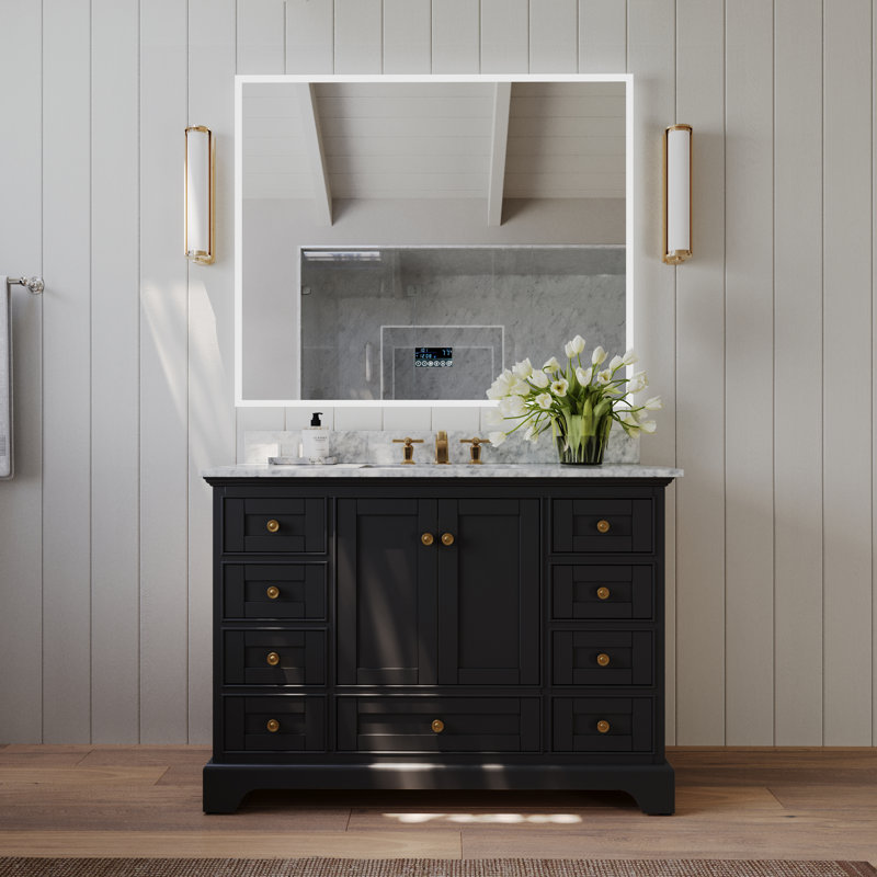 Ensemble de meuble-lavabo simple 48 po Varna, Noir onyx / or brossé, Marbre blanc de Carrare