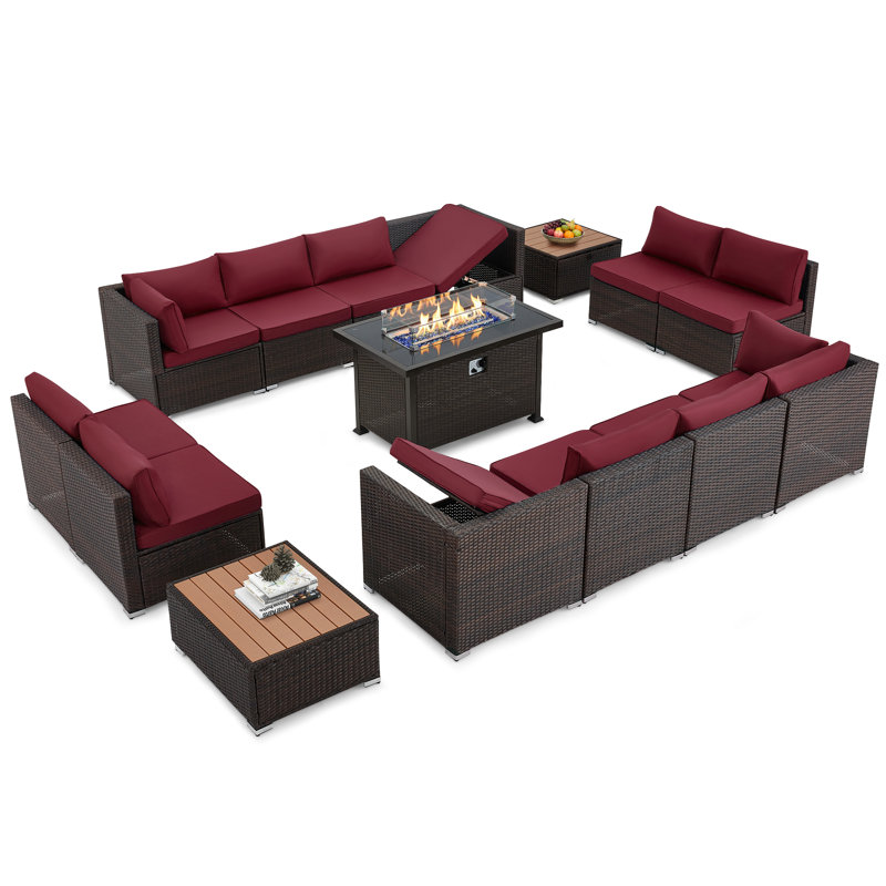 Ensemble de conversation d'extérieur en osier pour 12 personnes avec table foyer, Rouge vin