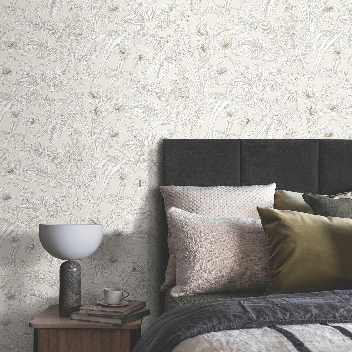 Conservatory Toile Floral,Solids Wallpaper, Beige & Taupe