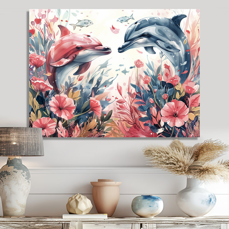 «Grey Pink Dancing Dolphins Sea Creatures - Sea Creatures», reproduction d'art, H 12 po x l 20 po, Métal métal