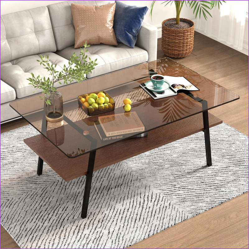 Table basse moderne en verre trempé avec pieds en métal noir, plateau facile à nettoyer, capacité de 220 lb pour le salon