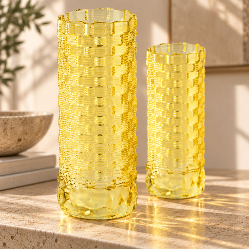 Fleurine Tall Frosted Textured Glass Table Vase Set of 2, Colored Glass, Yellow, Yellow
