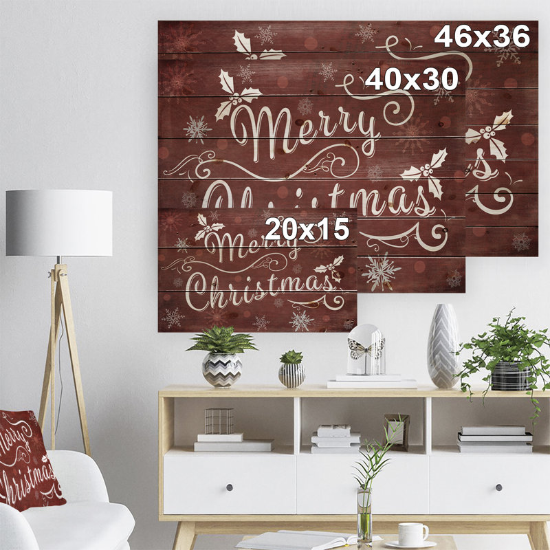Merry Christmas Season Greetings on Red - reproduction d'art textuel sur bois, H 30 po x l 40 po x P 1 po