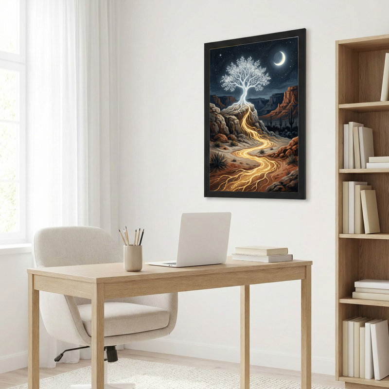Toile noire encadrée en bois noir pour salon, chambre à coucher, bureau ou vestibule - décoration murale décorative avec arbre au clair de lune