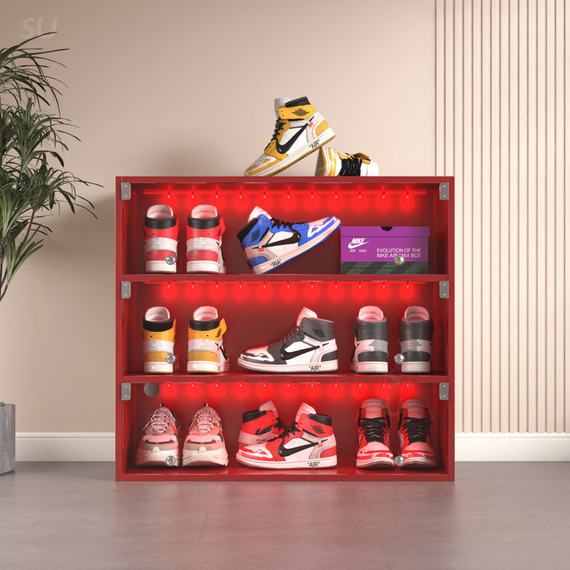 Boîte à chaussures à DEL avec trois couches et portes en verre, Rouge