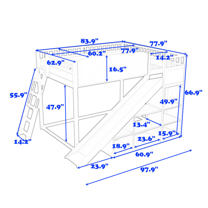 Lit mezzanine avec tablettes de rangement et glissoire, Grand lit, Naturel