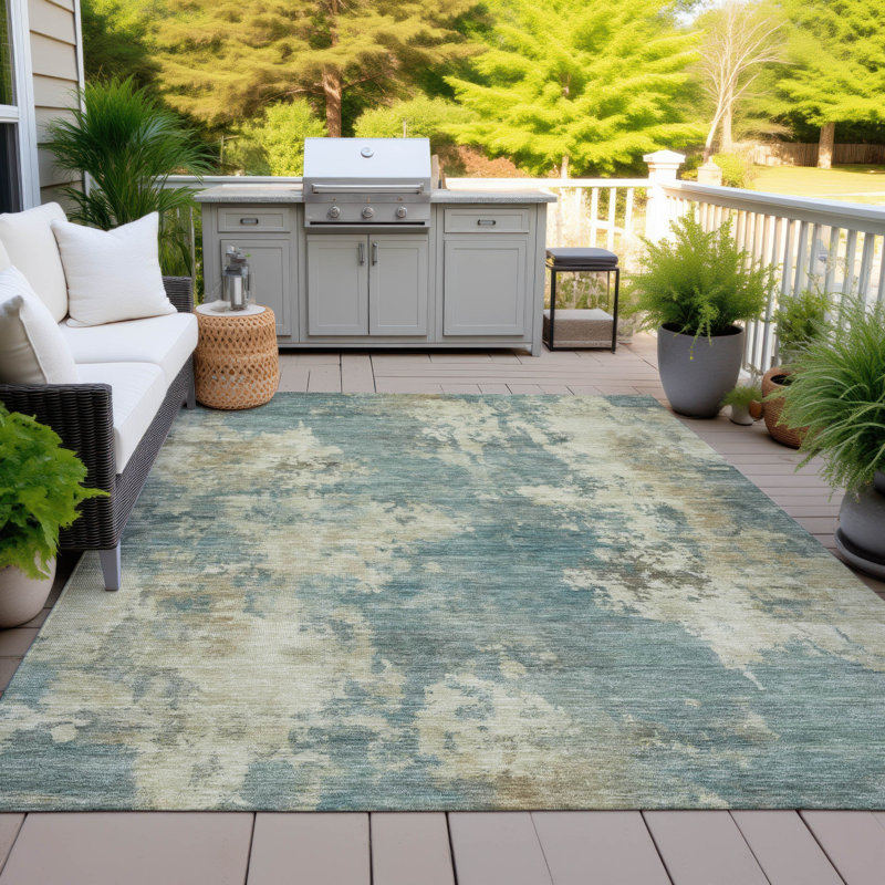 Machine Washable Indoor/Outdoor Xhevrie Teal Rug, Rectangle 9' x 12'