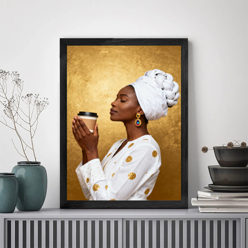 Art encadré noir «Une dame élégante buvant du café», impressions de style rétro, 11" H x 9" W