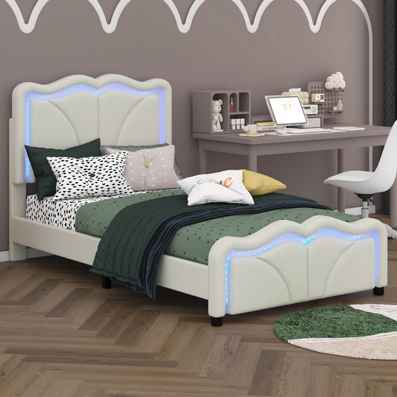 Upholstered Platform Bed With Curve Shaped, White, Twin