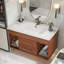 Meuble-lavabo simple de style moderne Mid-Century avec lavabo encastré intégré, offrant un rangement intelligent et un style intemporel pour votre salle de bain