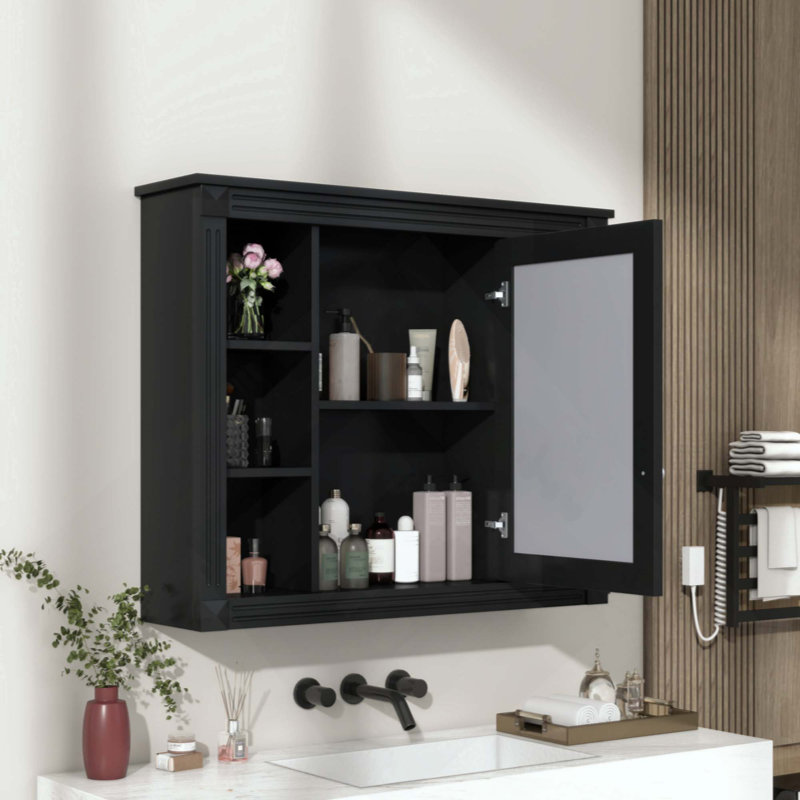 Armoire de rangement murale pour salle de bain, armoire à pharmacie, armoire de salle de bain moderne avec miroir, armoire à miroir avec 6 tablettes ouvertes (meuble-lavabo non inclus)