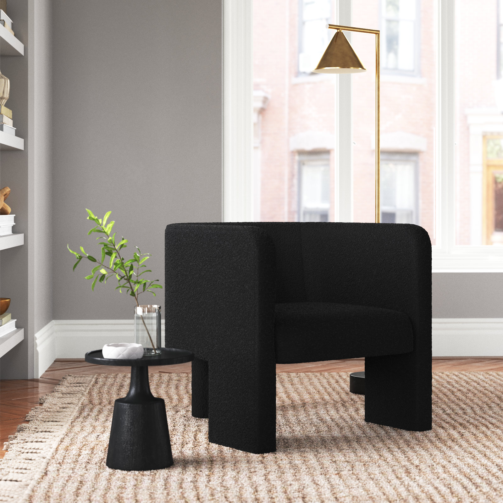 Ellum Linen Barrel Chair, Black Faux Lambs Wool