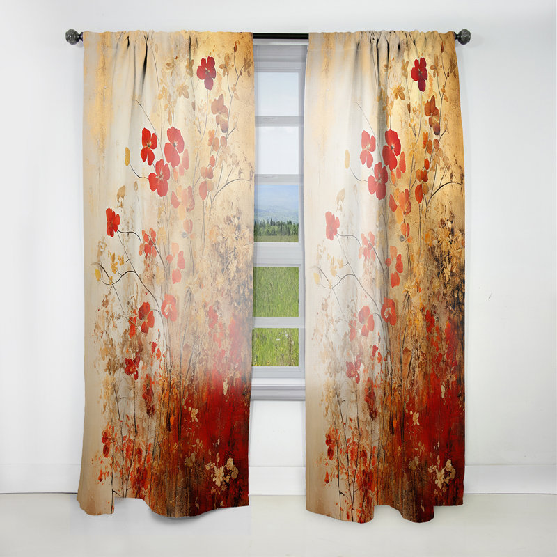 Kourtney God And Red Floral Japanese Tiles I - Botanicals Curtain - Velvet Room Darkening - 1 panel, 52" W x 84" L