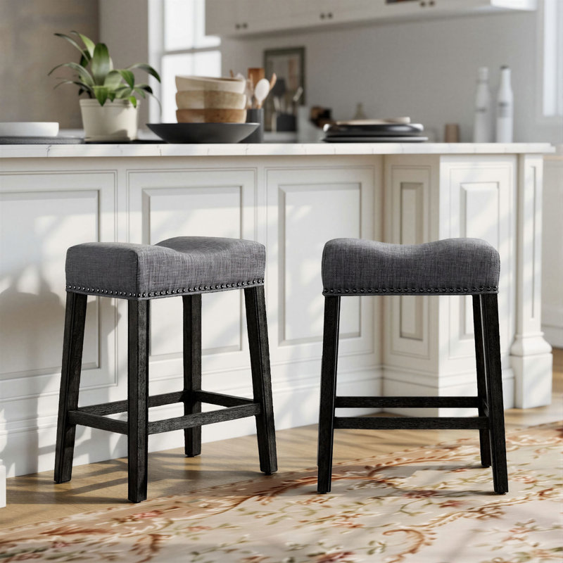 Oenone Backless Bar Stools, Upholstered Saddle Seat With Nailhead Trim, Weathered Wood Legs - Set of 2, Off White, Natural