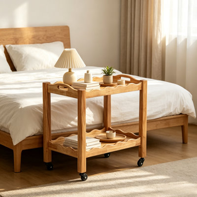 Solid Rubberwood Rolling Side Table, 2-Tier With Lockable Wheels & Removable Tray, Sturdy Durable For Bar Cart, Nightstand, End Table, Sofa Table