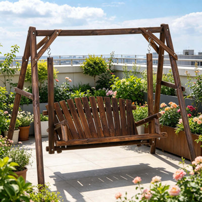 Banc de patio ergonomique en bois 2 places avec structure en bois massif, stable et antidérapant