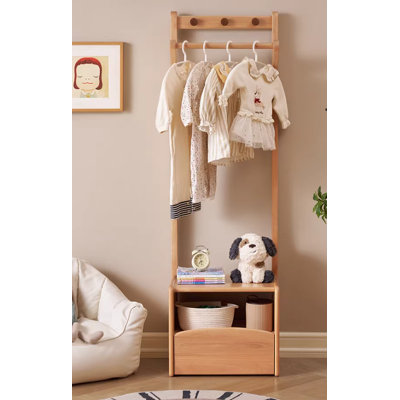 Natural Solid Birch Wood Freestanding Kids Coat Rack | 2-in-1 Space Saving Bedroom Nightstand & Clothing Hat Organizer | Floor Standing Storage Rack for Small Space Home Entryway, Natural Finish