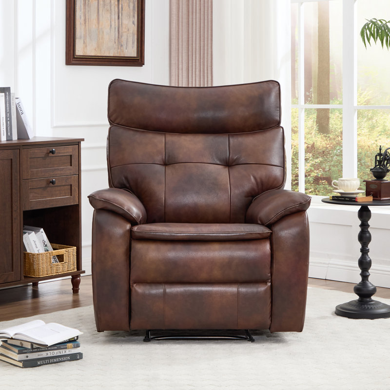 35.8" Wide Sleek Modern Top Genuine Leather Upholstered Power Recliner With Side Pocket & USB Port, Brown