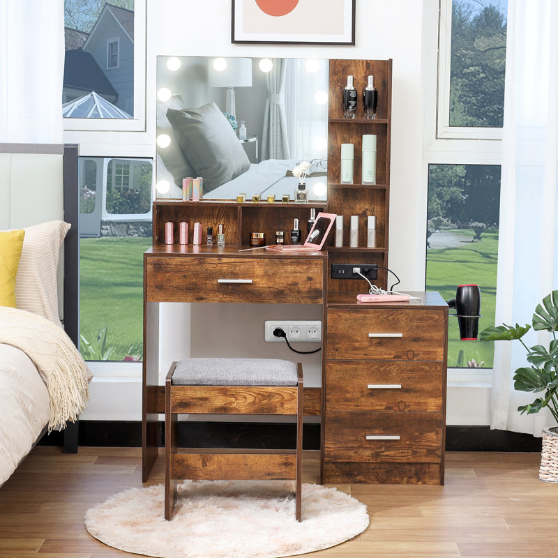 Ensemble de coiffeuse avec tabouret et miroir Dannyell, Brun rustique