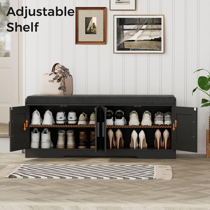 Banc de rangement à 2 niveaux, banc à chaussures avec coussin de siège rembourré épaissi