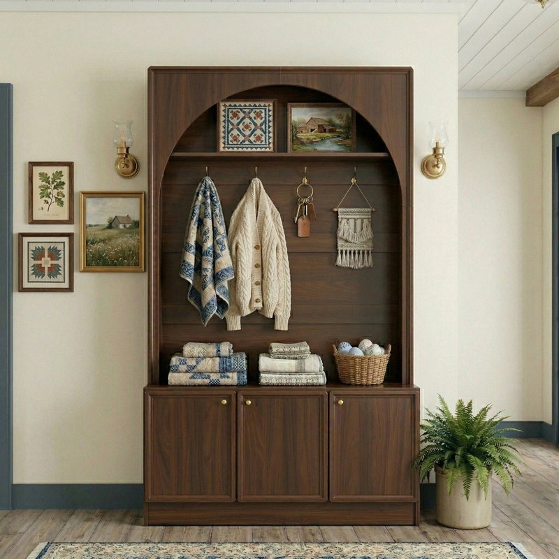 49" Farmhouse Arched Hall Tree With Storage Bench And 3 Cabinets For Entryway, Walnut