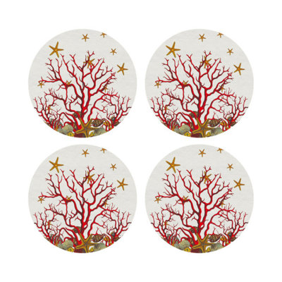 Coral Reef White Pink Vegan Leather Round Coasters