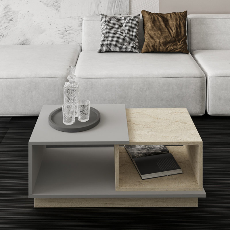Modern Coffee Table with Numerous Shelves, Travertine & Grey Finish, 35.4 x 14.2 x 15.8 Inches | 100% Melamine Coated Particle Board, Thickness: 0.7 Inches | Stylish & Functional Storage Solution for Your Living Room