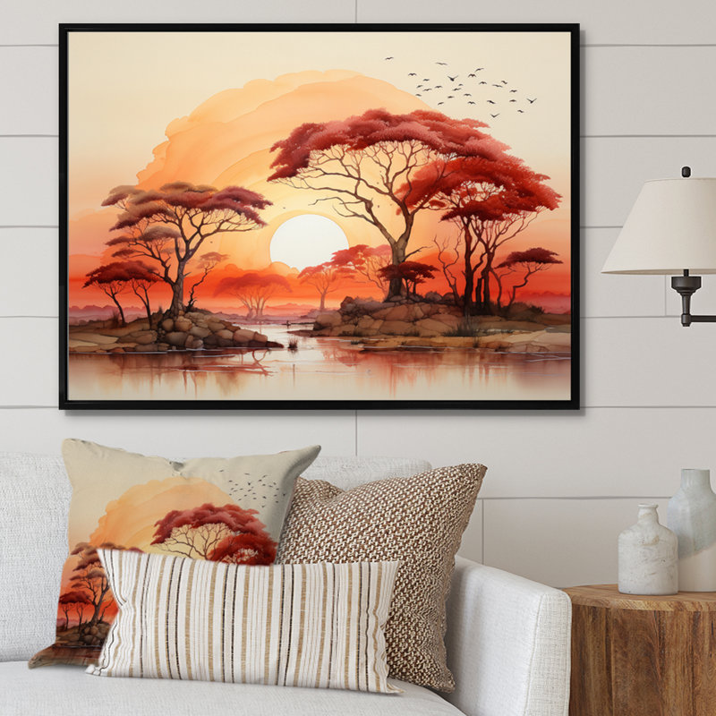 Rouge, jaune, paysage africain - Art mural paysage africain, H 16 po x l 32 po x P 1 po, Cadre flottant noir