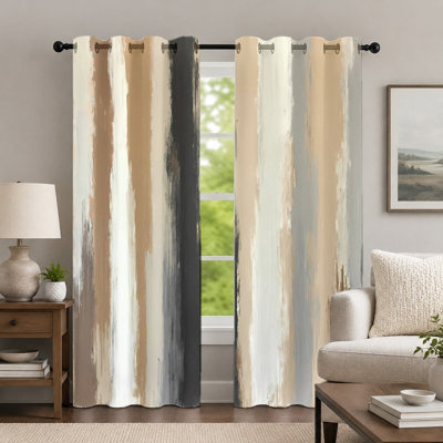 2Pcs Beige and Brown Striped Curtains, Abstract Artistic Style Curtain, Modern Minimalist Vertical Brushstroke Patterned Grommet Drapes, Window Treatment for Bedroom Living Room Decor