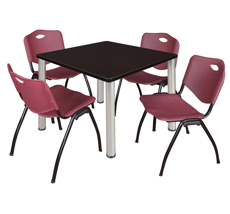 Plateau de table Kee Square, 4 chaises empilables, H 30 po x l 29 po x P 29 po, Cerisier, Chrome