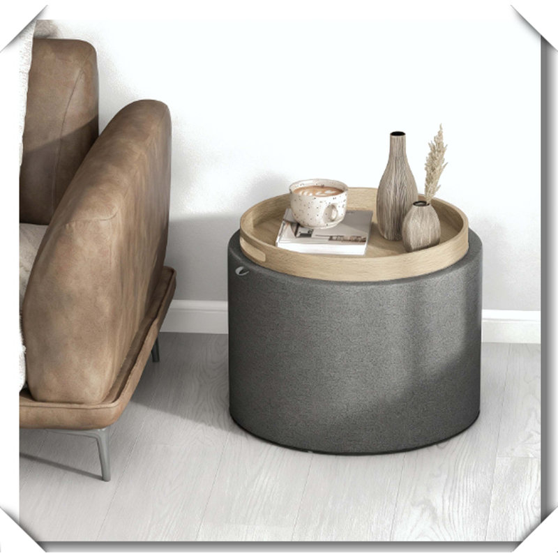 Table basse ronde rembourrée avec rangement rembourré, Gris foncé