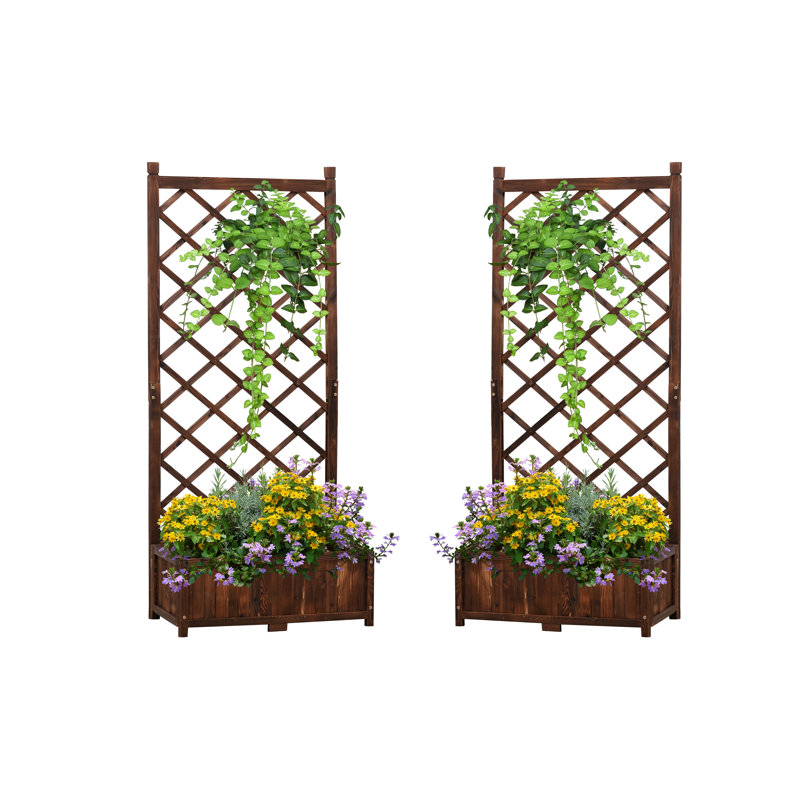 Antigua 67in Wood Planter Box with Trellis and Holes, Outdoor Raised Garden Bed for Climbing Plants, 2
