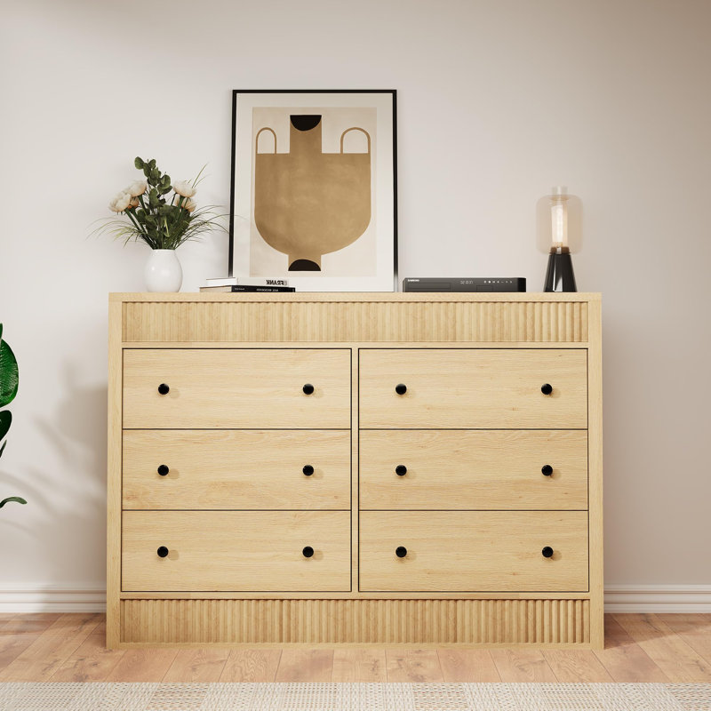 Modern Fluted 6 Drawer Dresser, 47" Wide Wooden Chest, Bedroom Living Room Hallway Entryway, Storage Organizer, Beige
