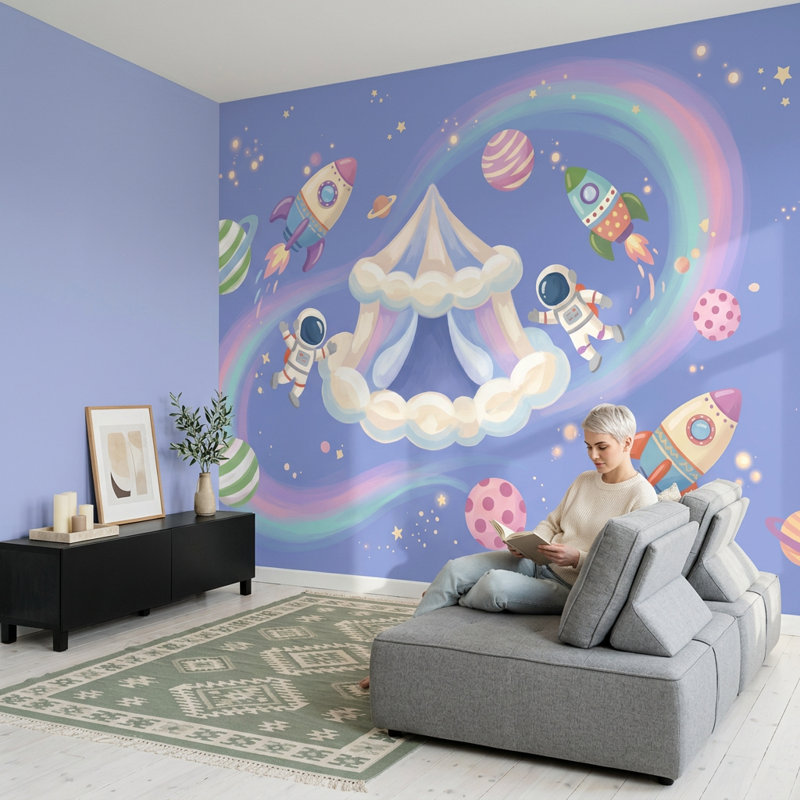 Papier peint espace Astronautes arc-en-ciel pastel, 120 po x 96 po, Peler et coller